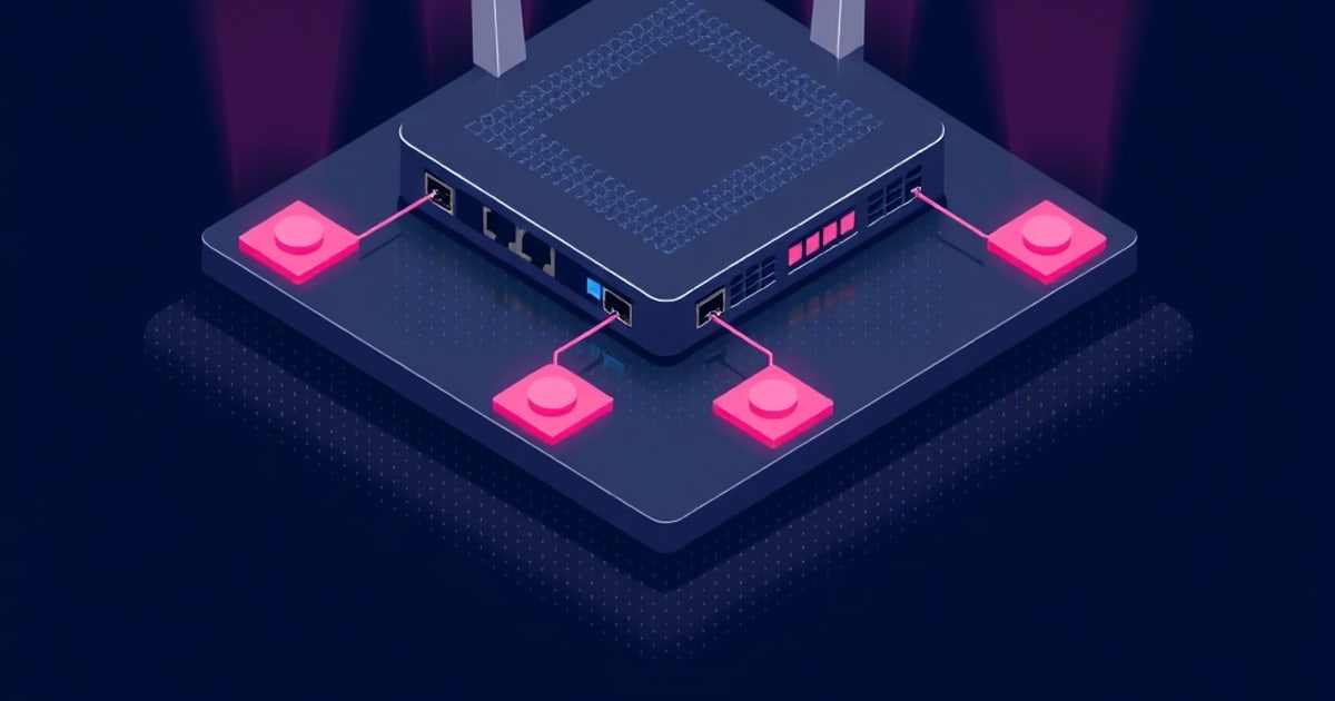 Isometric navy switch with two pale antennas, RJ45 ports and pink indicator bars, wired by pink cables to four glowing pink pads on a dark plate.