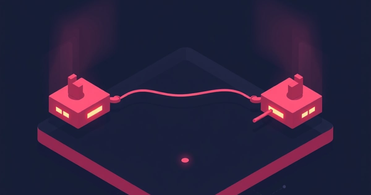 Flat isometric illustration of two red network devices with glowing amber window lights, joined by a curved red cable across a dark platform.