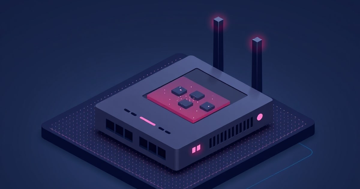 Flat isometric illustration of a dark router with two antennas and a pink circuit panel on its top face, ports along the front, on a dotted navy pad.